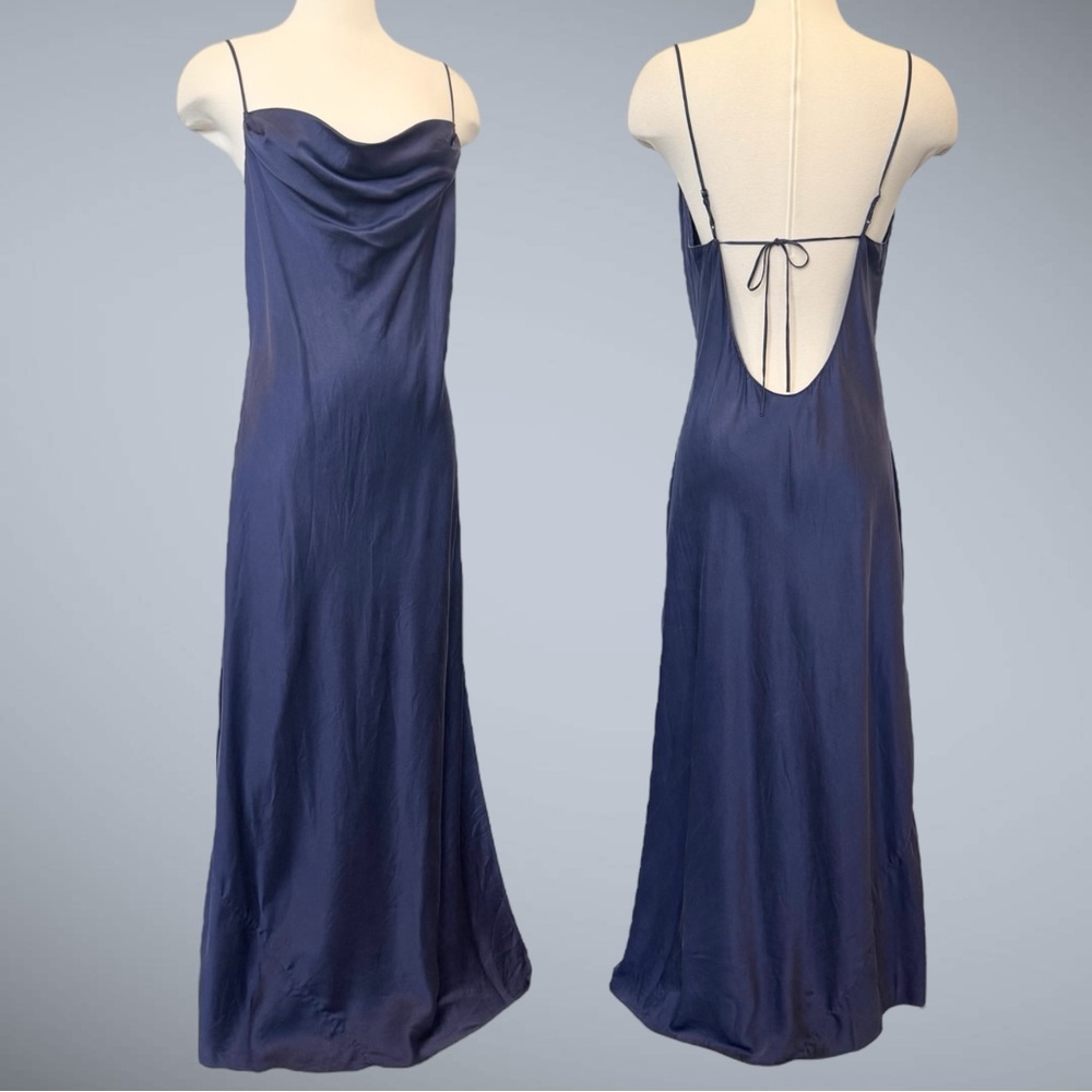 1999 Victoria’s Secret Silk Blue Navy Draped Cowl Vintage Maxi Gown Slip Dress L - Picture 8 of 9
